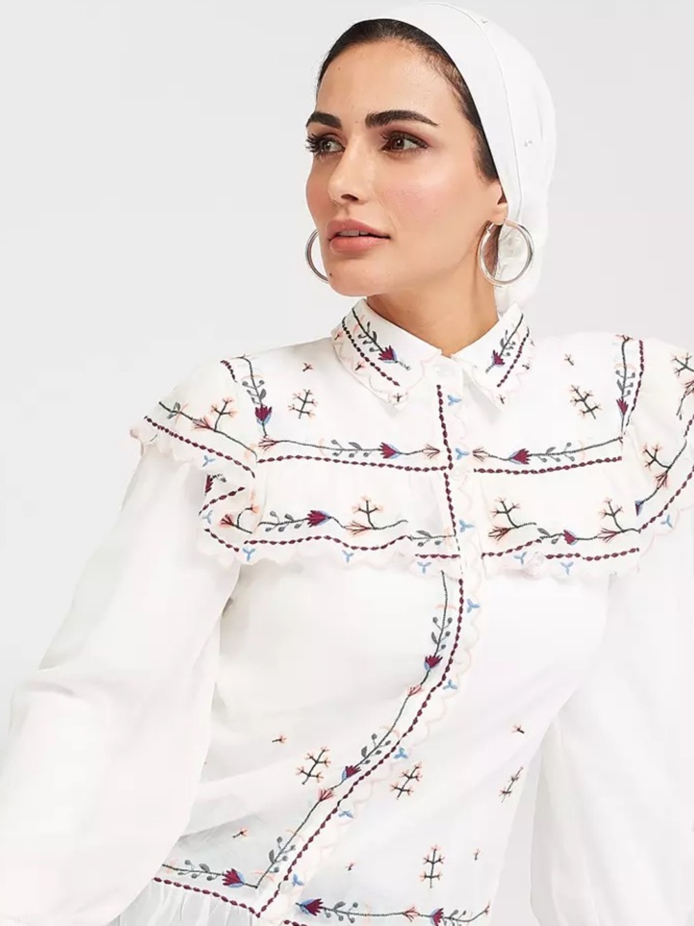 Splash White Embroidered Ruffle Yoke Blouse with Multi-Color Accents Size 10 - Picture 3 of 11